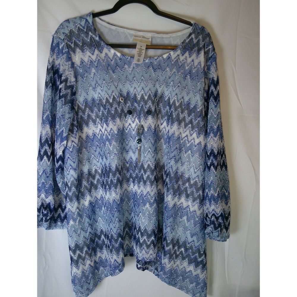 Alfred Dunner Woman 2X Blue Metallic Chevron Necklace Tunic 3/4 Sleeve Top